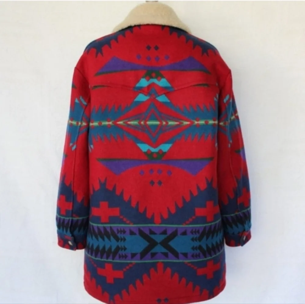 Pendleton Red and Blue wool Patterned Pea Coat